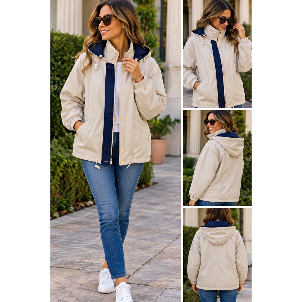 London Fog Towne Women's Beige Navy Hooded Anorak Mid-Length Jacket Plus Sz 2X
